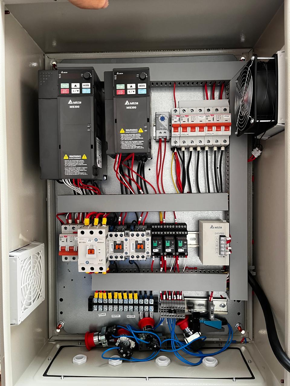 Overhead crane control panel with two Delta MS300 drives, contactors and power distribution