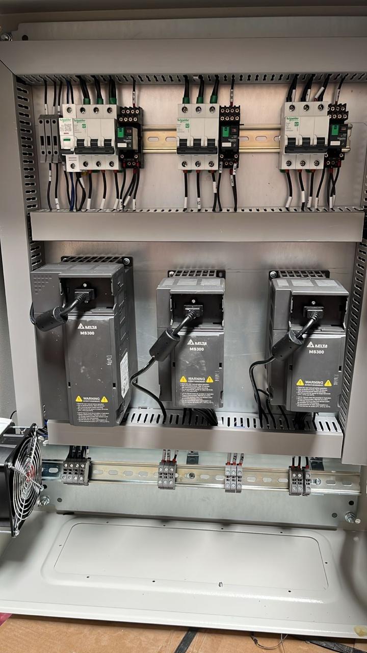 Ventilation control panel with three Delta MS300 drives and Schneider protection devices