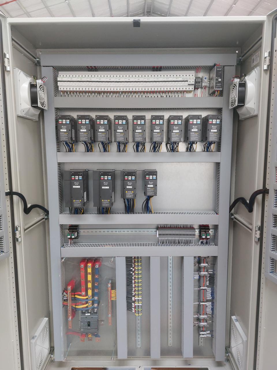 Large garage ventilation panel with multiple Delta MS300 drives and power distribution